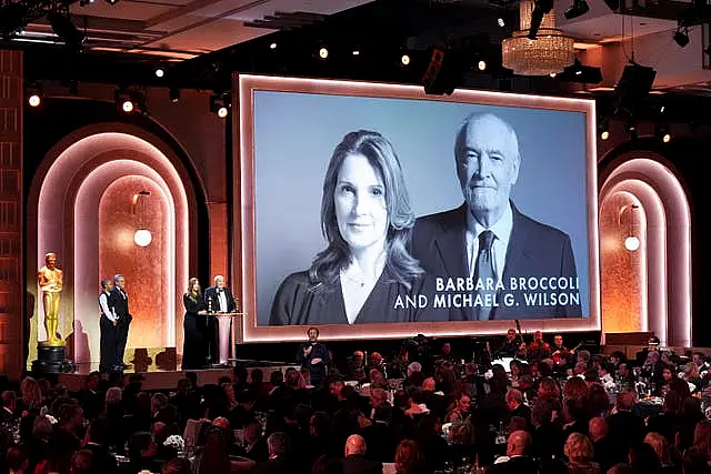 Barbara Broccoli, left, and Michael G Wilson accept the Irving G Thalberg Memorial Award during the 15th Governors Awards at The Ray Dolby Ballroom in Los Angeles 