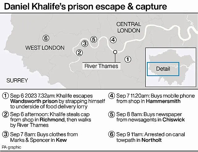 Map showing the movements of Daniel Khalife from his escape to his capture