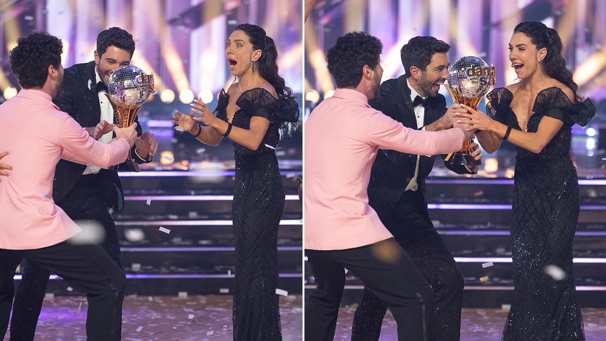 Jenna Johnson is surprised by husband Val Chmerkovskiy in a pink suit who hands her the Mirrorballs in side to side photos with Joey Graziadei watching