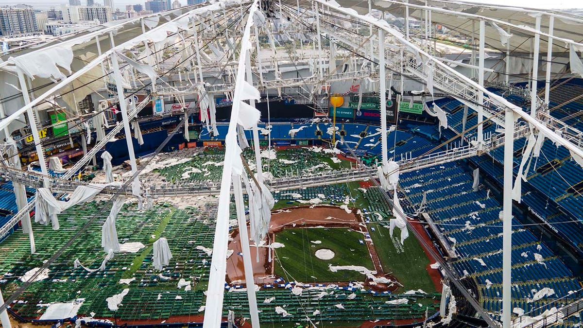 Tropicana Field roof shredded after Hurricane Milton